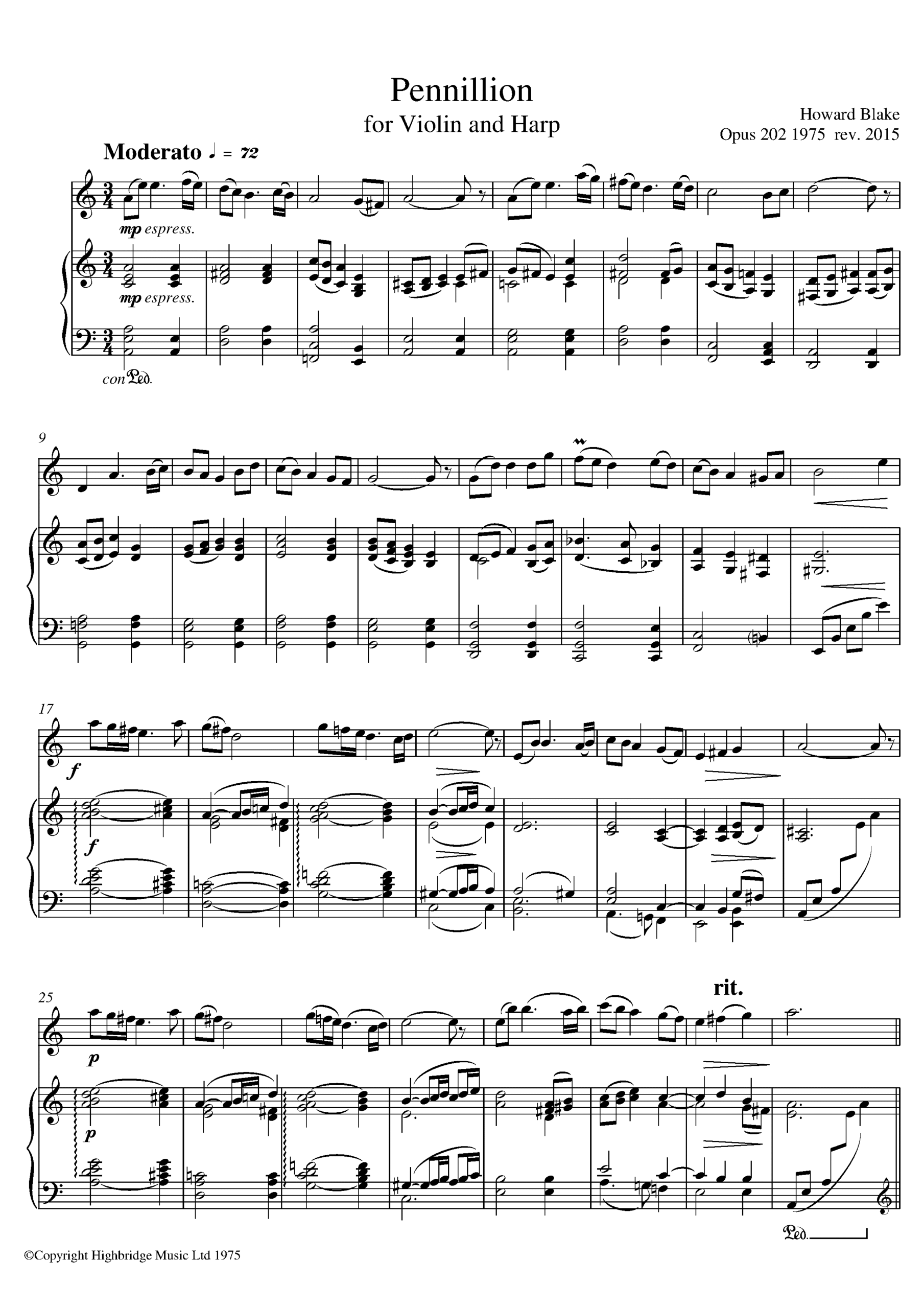 Pennillion for violin & harp (or piano), op.202 - full score