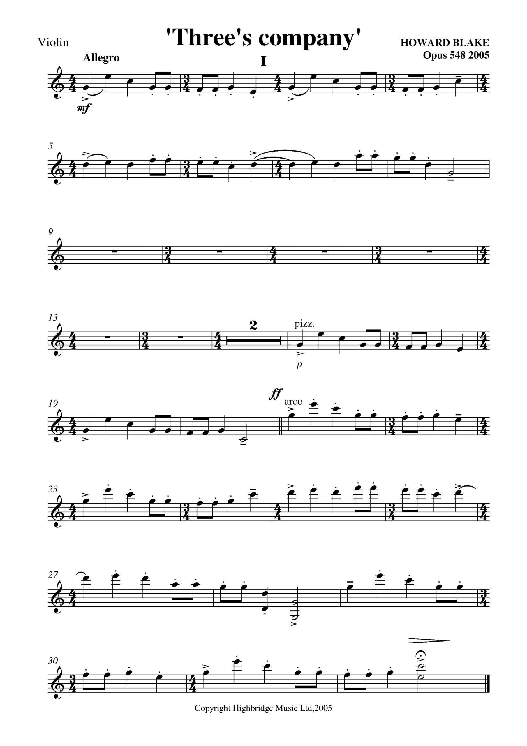 Three's Company for piano trio, op.548 - violin part