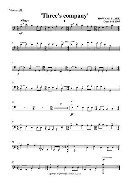 Three's Company for piano trio, op.548 - cello part