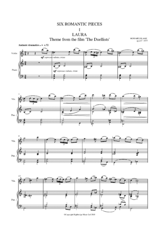 Six Romantic Pieces for violin and piano, op.407b - full score