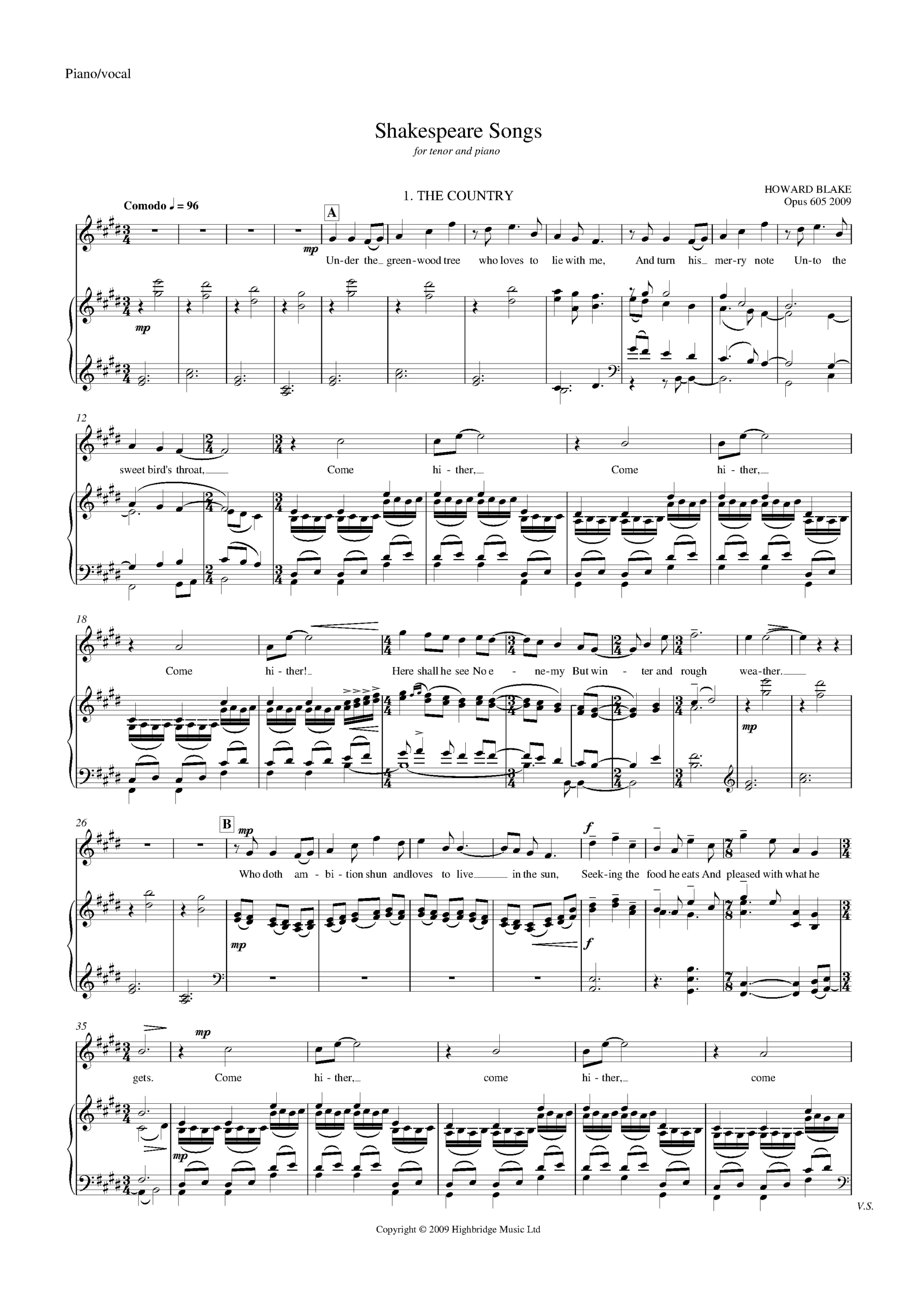 Shakespeare Songs for tenor and piano, op.605 - full score