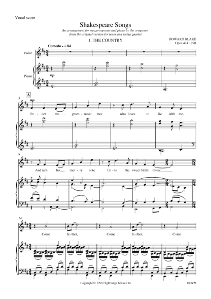 Shakespeare Songs for mezzo and piano, op.605